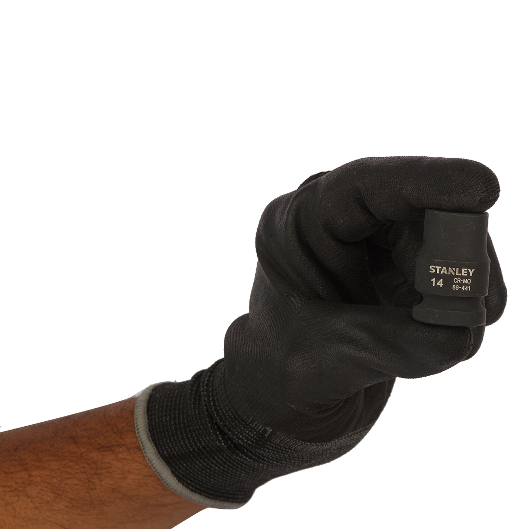 Photo of STANLEY STMT89441-8B socket held in gloved hand, black color, front view.
