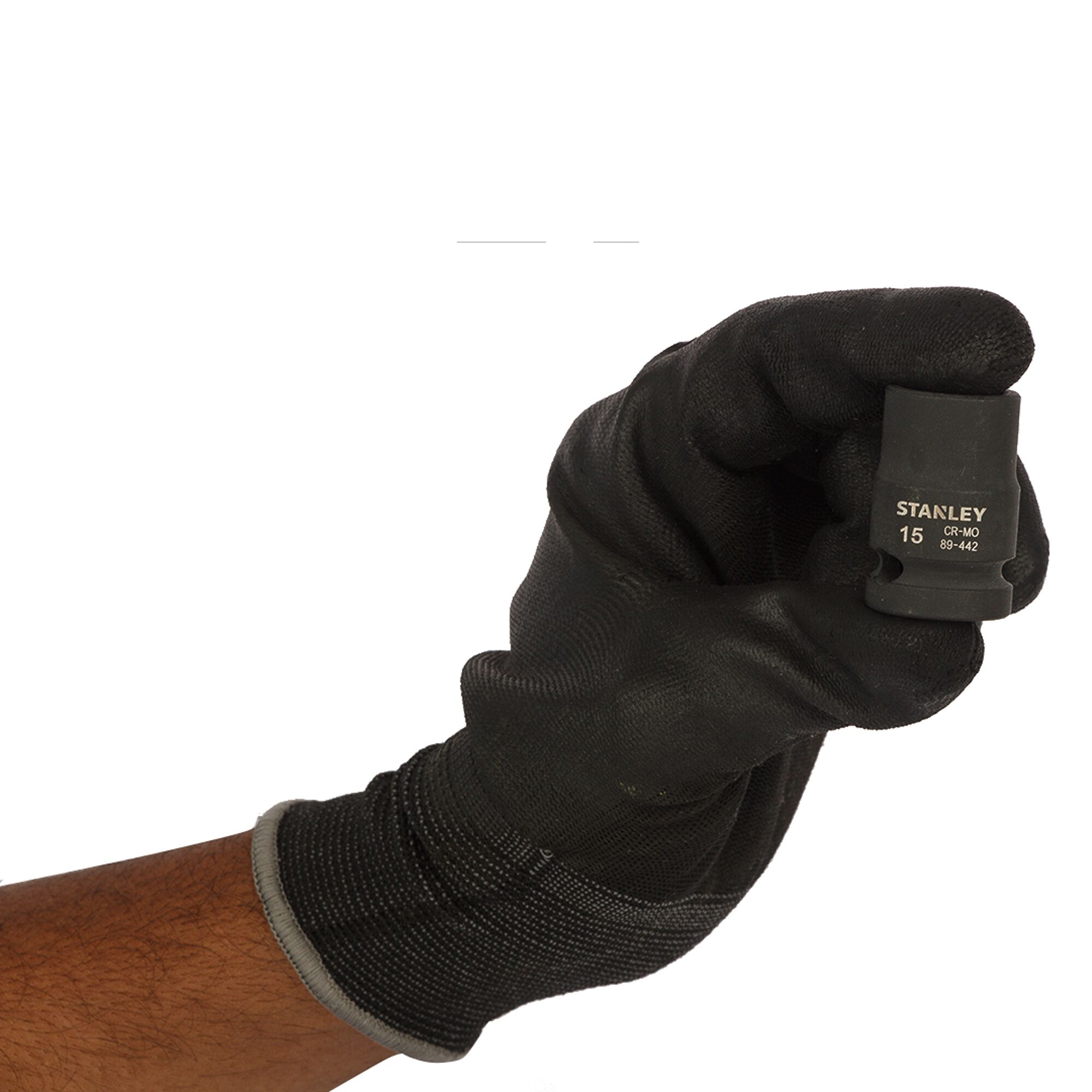 Stanley STMT89442-8B socket held in gloved hand, product close-up photo.