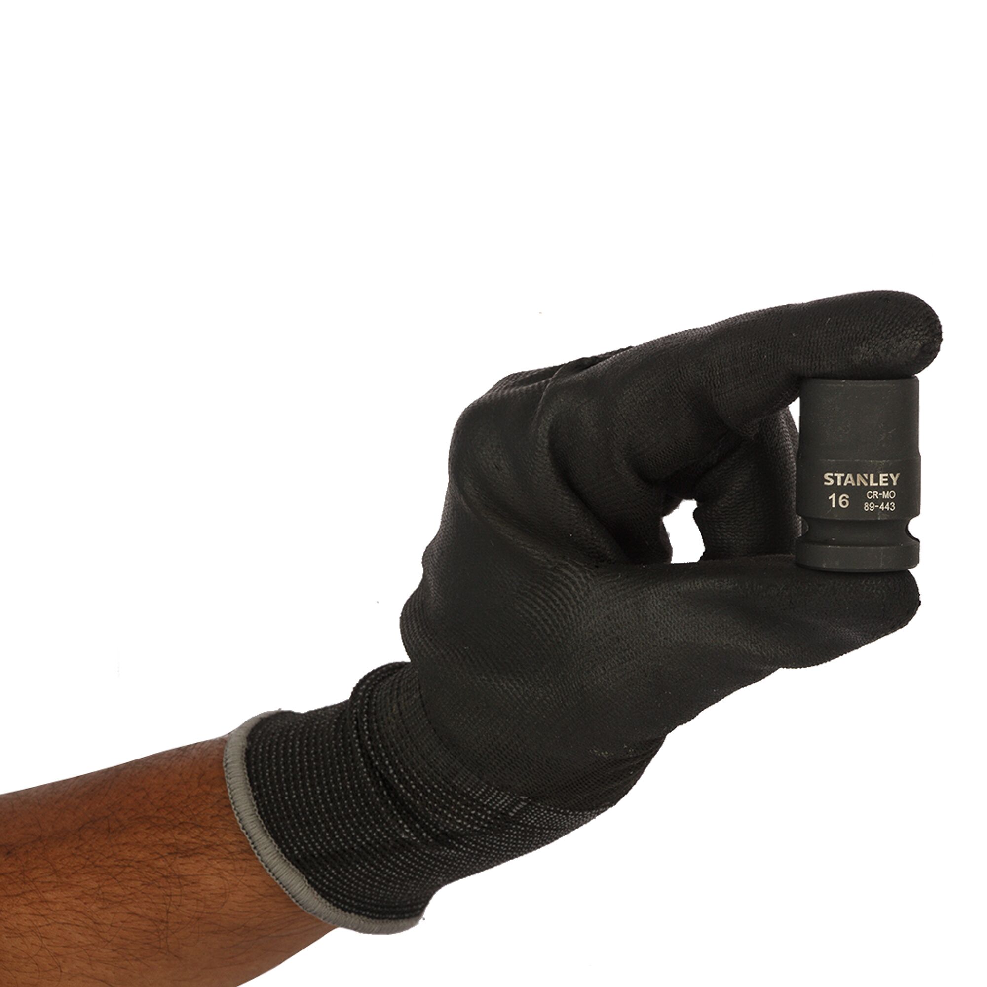 Stanley STMT89443-8B socket held by a hand in black glove, product side angle on white background.