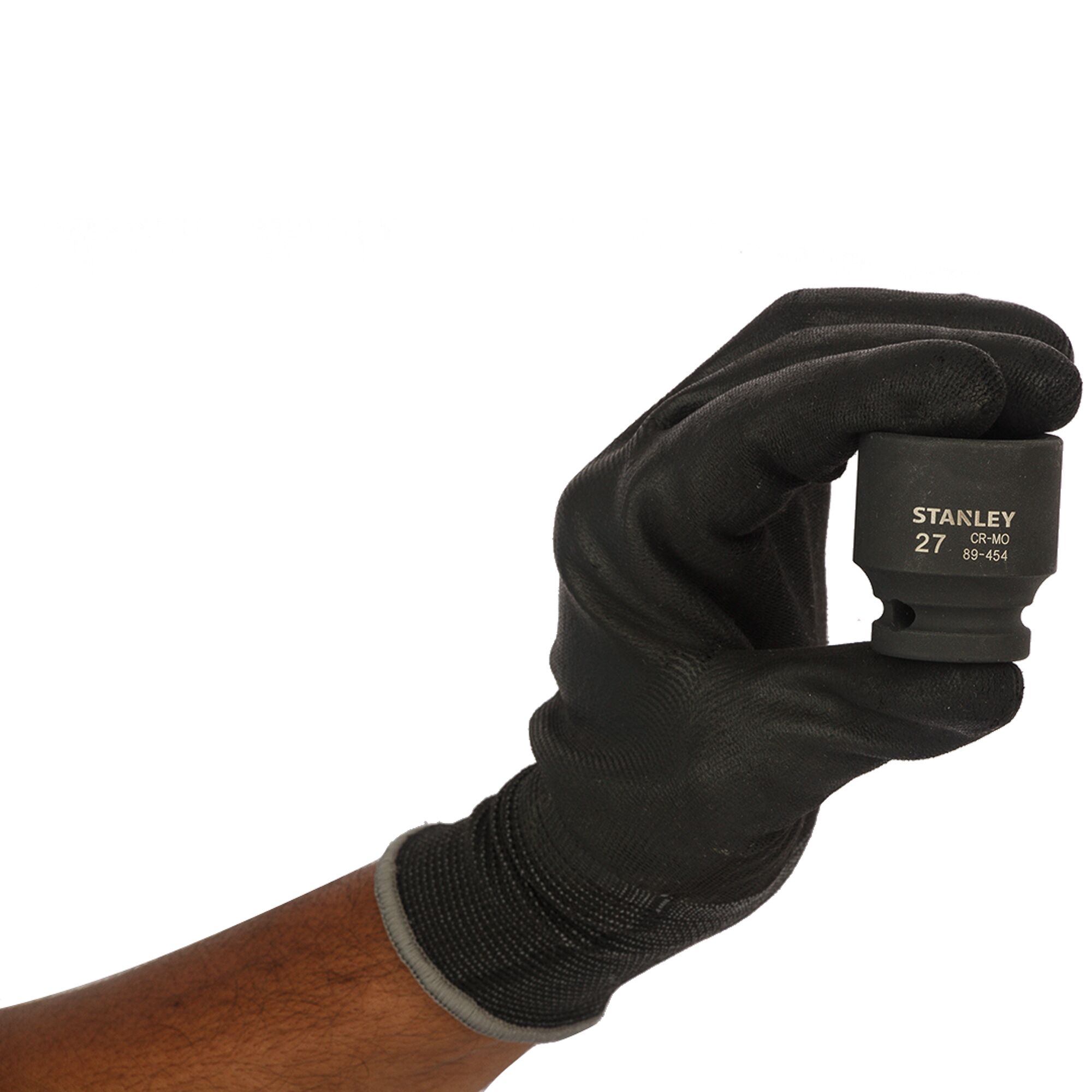 STANLEY STMT89454-8B socket held by a gloved hand, close-up, with white background.
