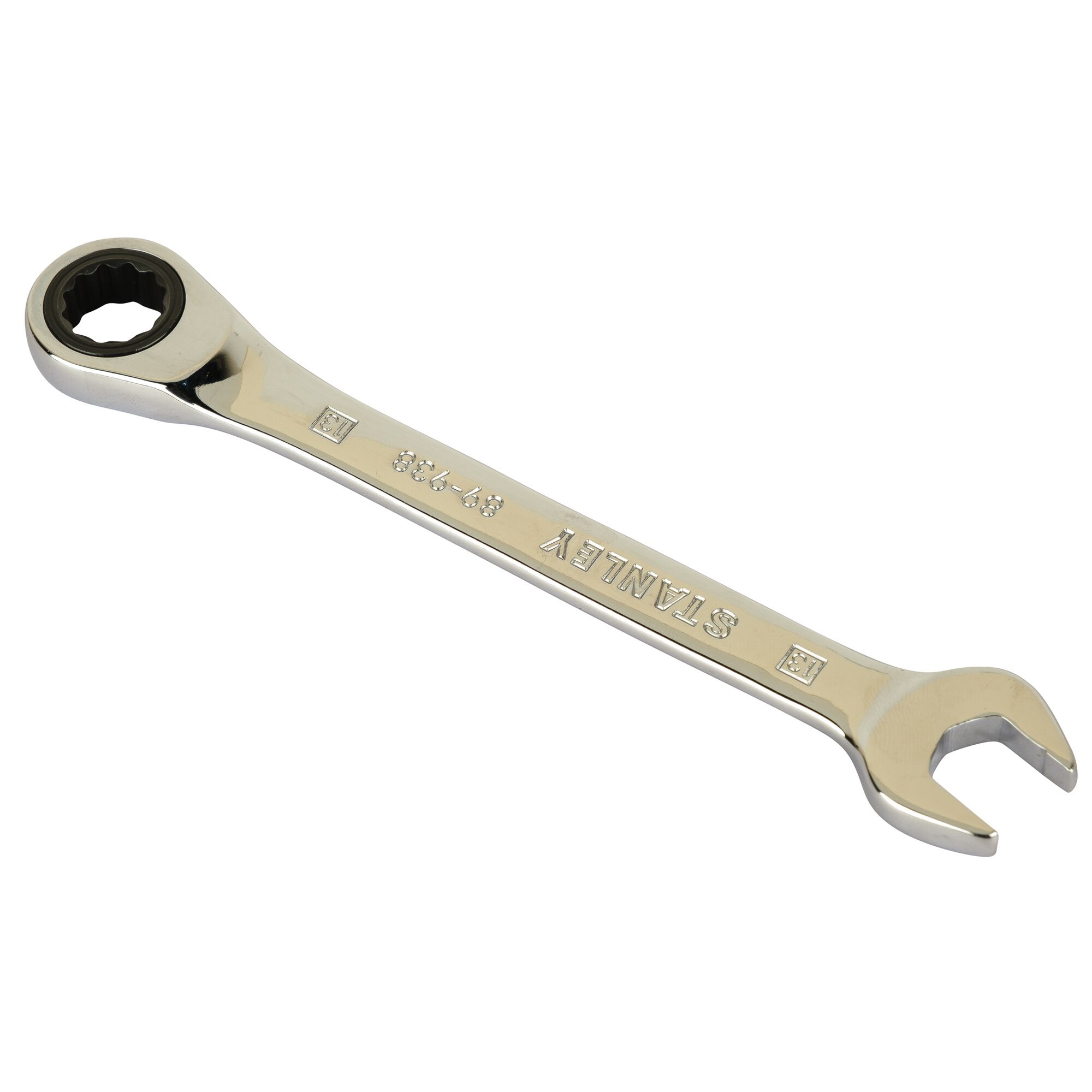 Photo of STANLEY STMT89938-8B combination ratcheting wrench on white background.