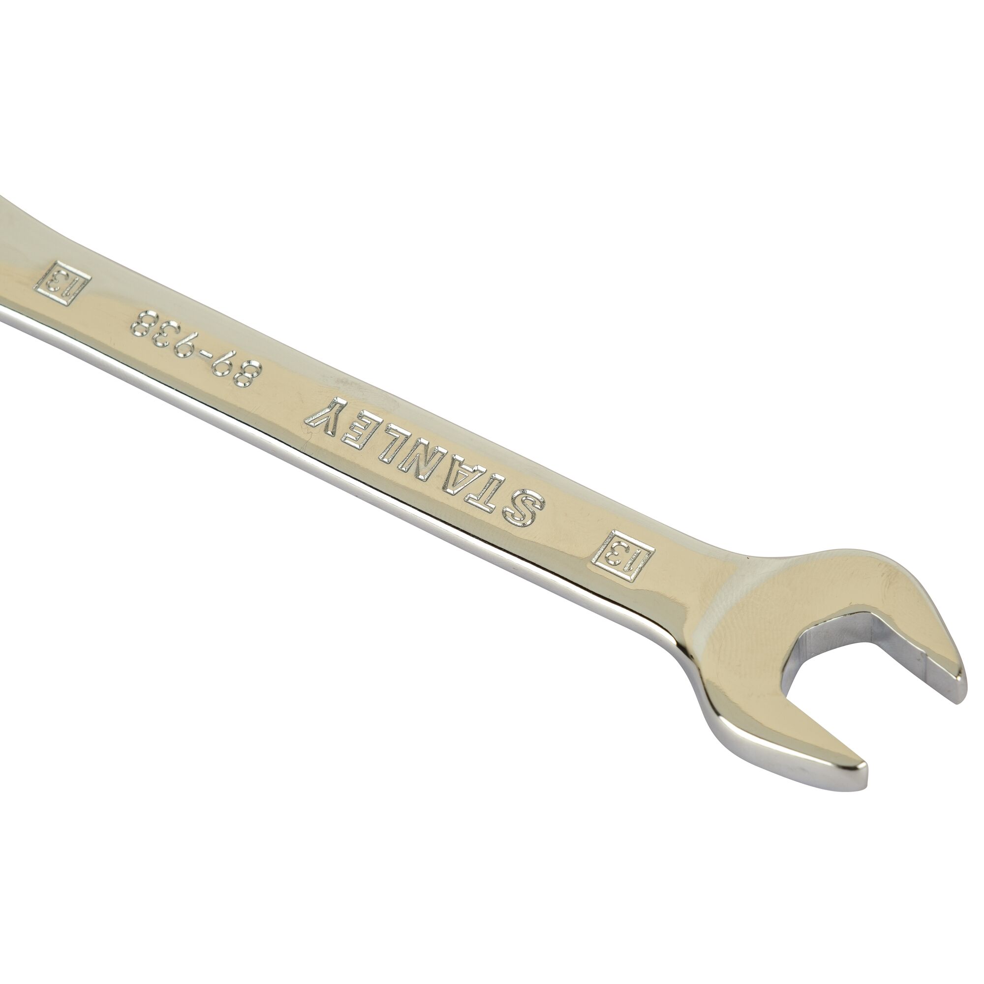 Photo of STANLEY STMT89938-8B open-end wrench, silver finish, angled view on white background.