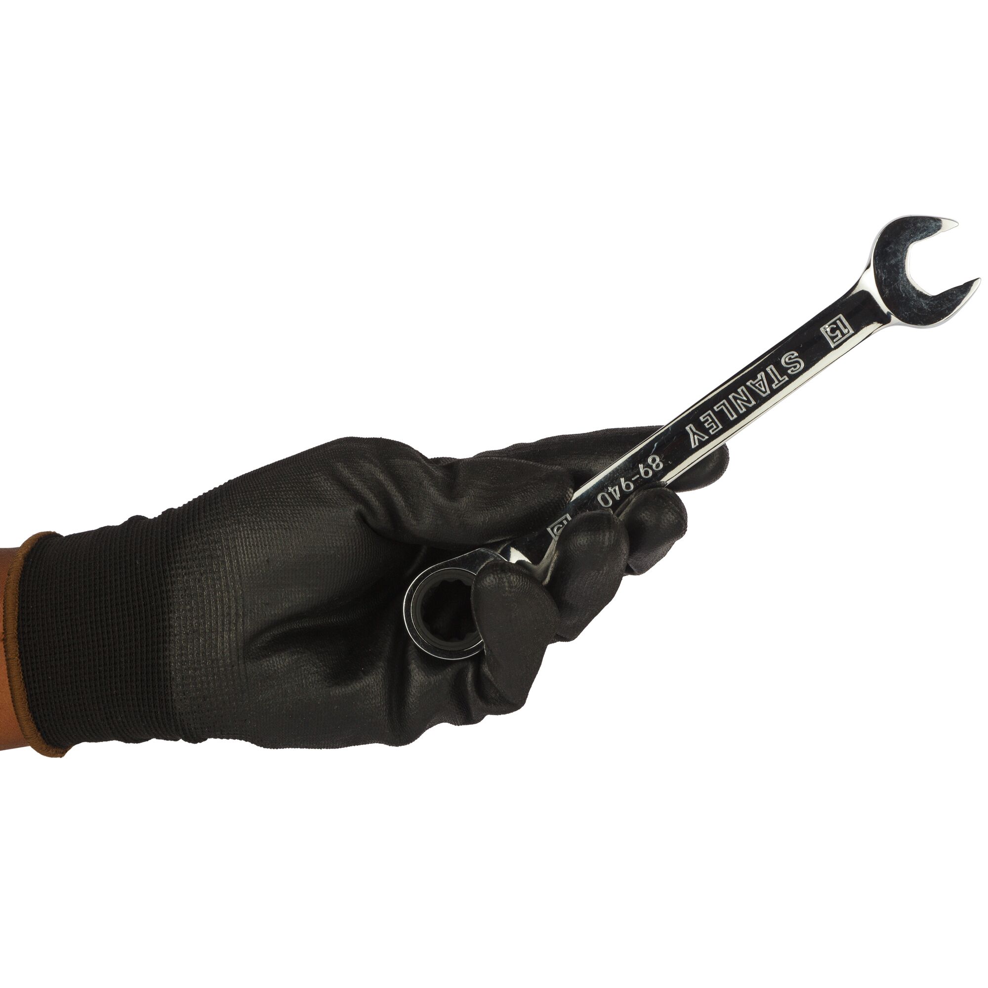 Photo of STANLEY STMT89940-8B combination wrench held by a gloved hand, side view, silver tool.