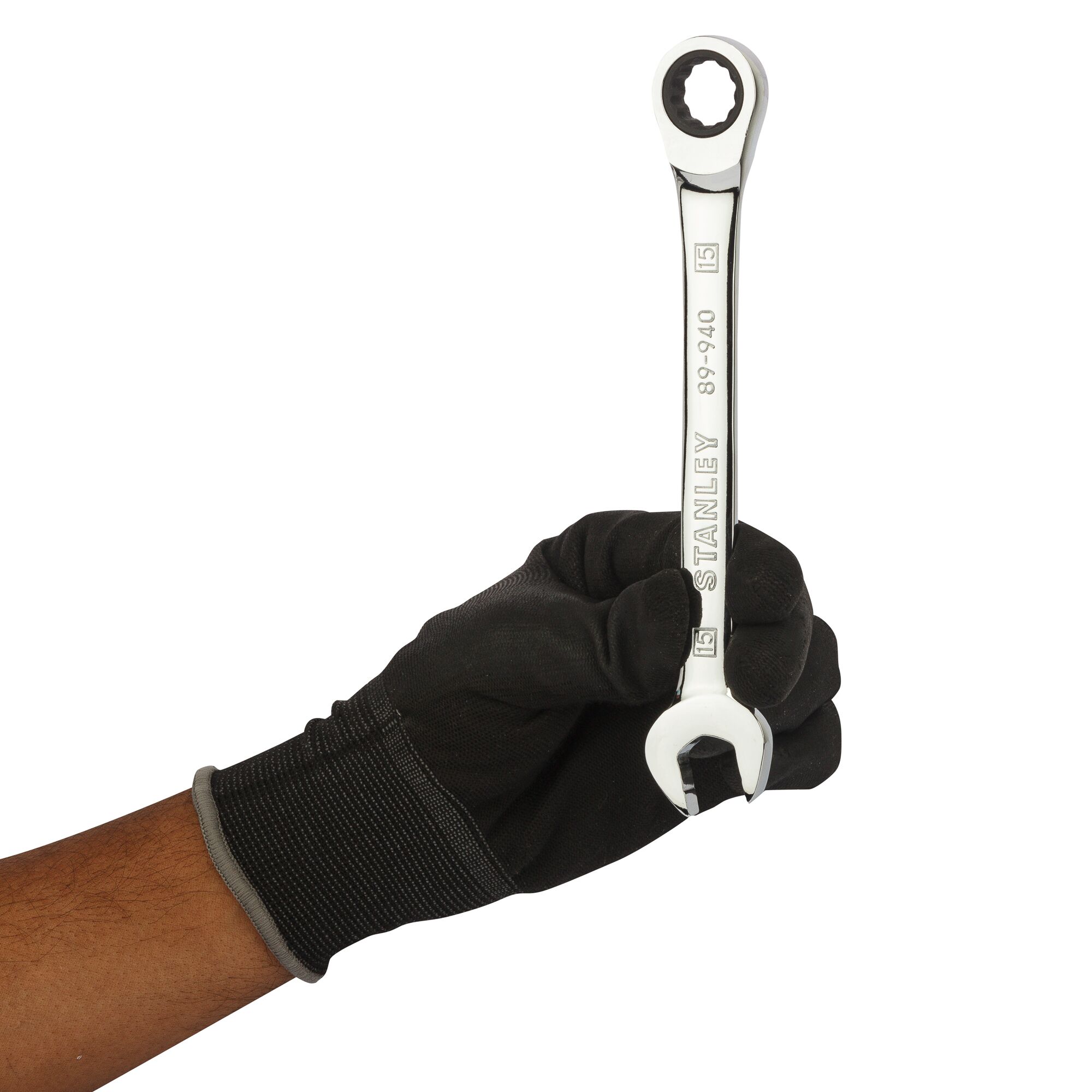 Stanley STMT89940-8B ratcheting wrench, silver finish, held by a gloved hand, front angle.