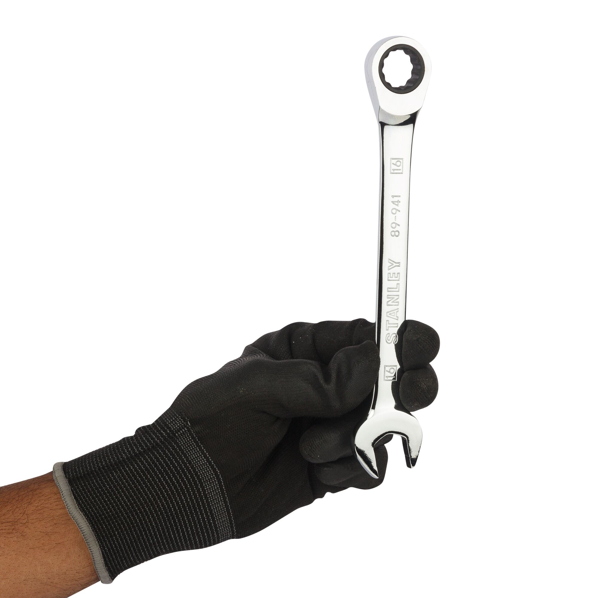 Stanley STMT89941-8B-12 ratcheting wrench held in gloved hand, front angle, chrome finish.