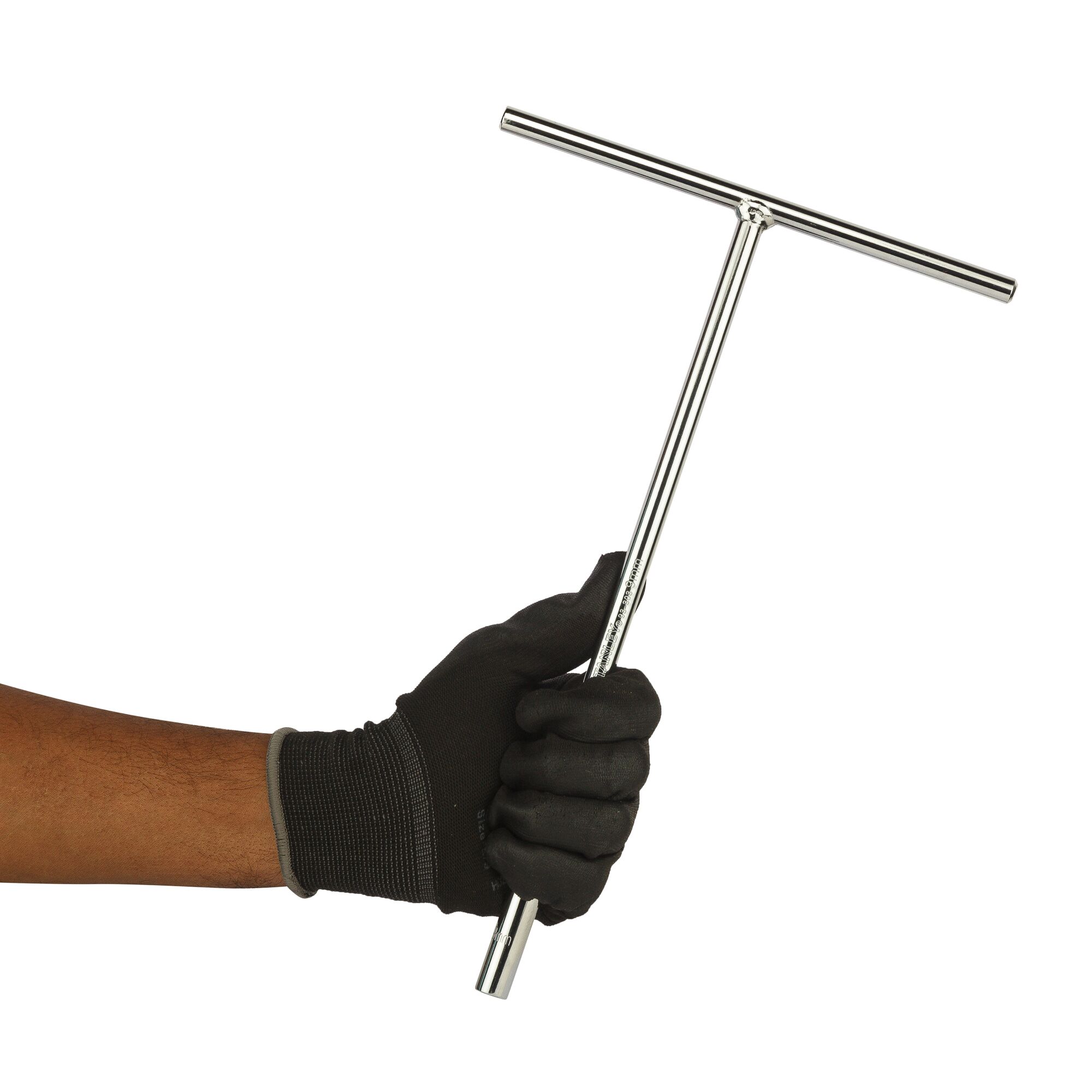 STANLEY STMT93303-8 chrome T-handle wrench held in gloved hand, side angle, white background.
