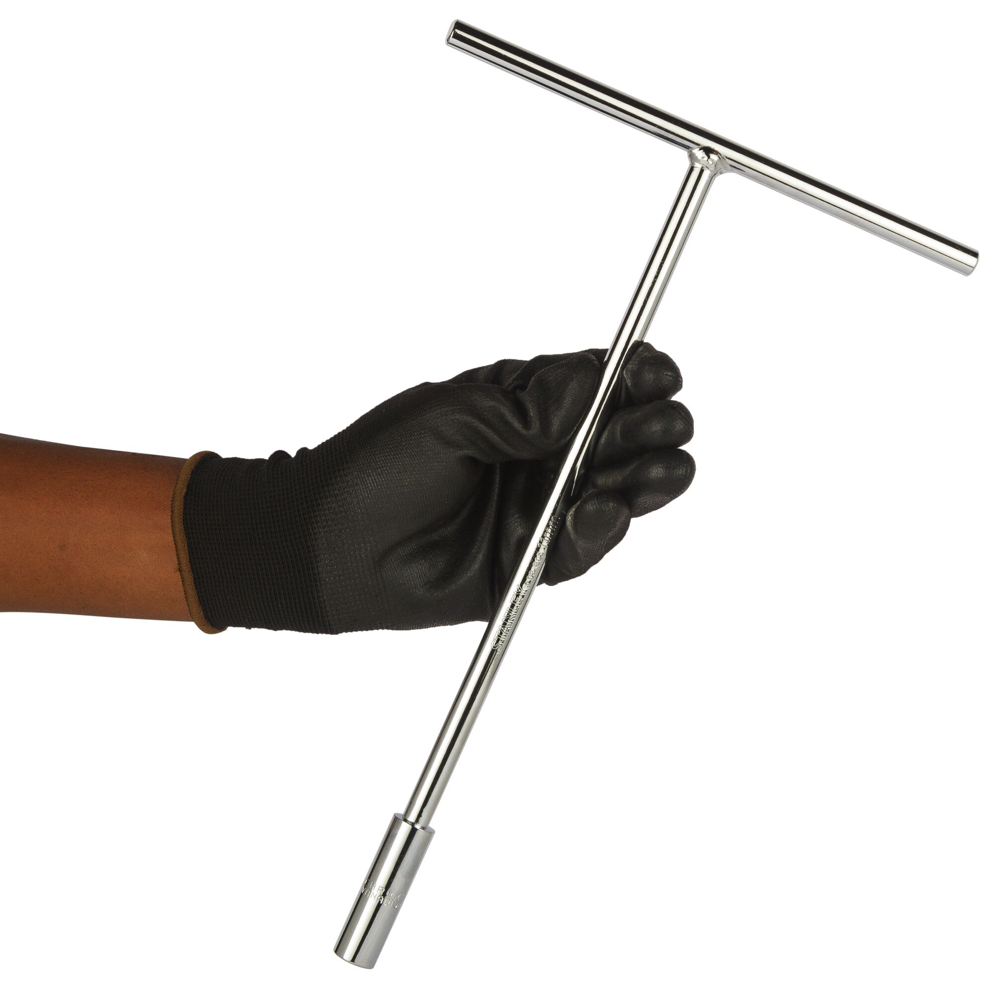 STANLEY STMT93305-8 T-handle socket wrench held by black-gloved hand, side view.