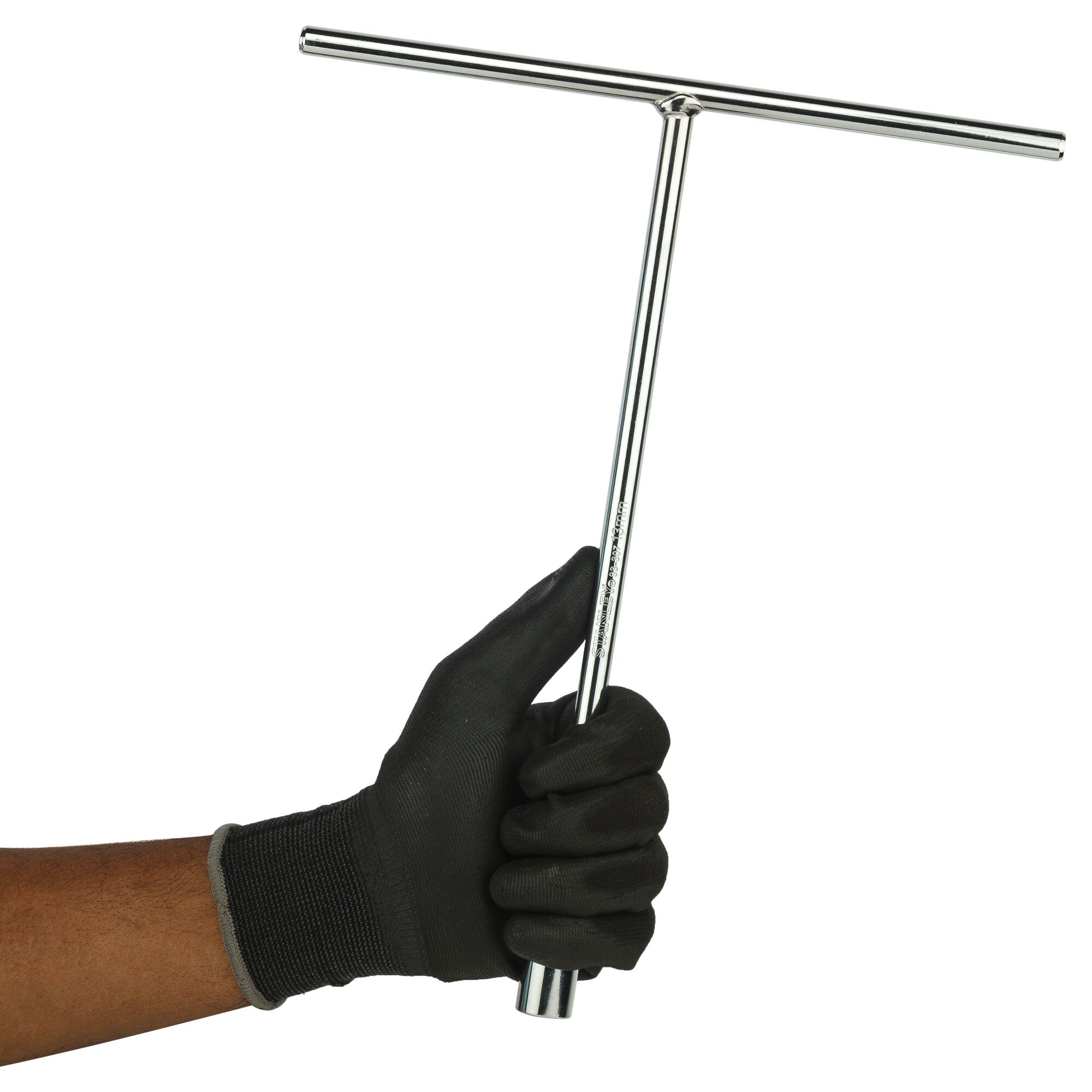 STANLEY STMT93307-8 T-handle socket wrench held by gloved hand, front angle, chrome finish.