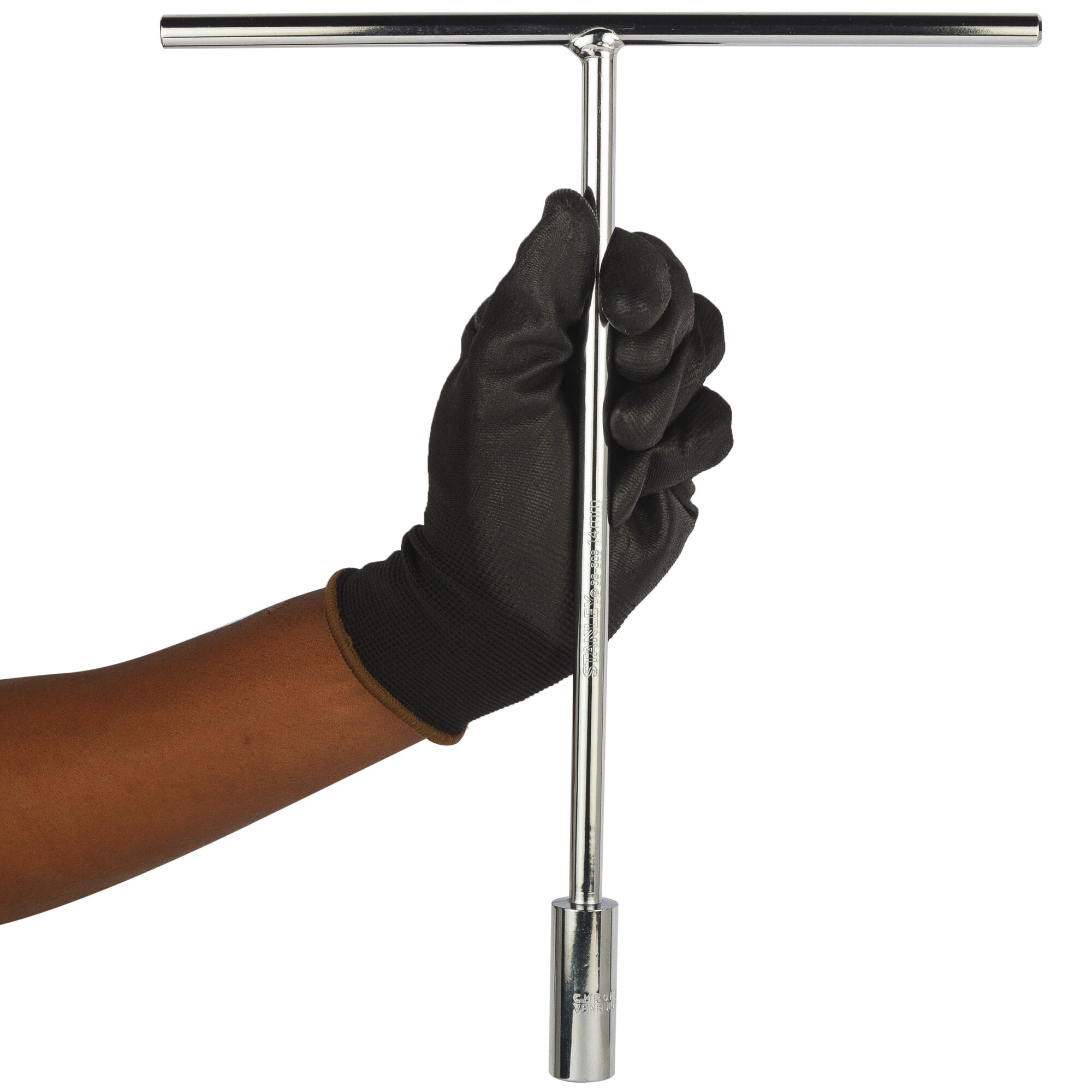 Gloved hand holds a chrome T-handle socket wrench used for tightening or loosening nuts and bolts.