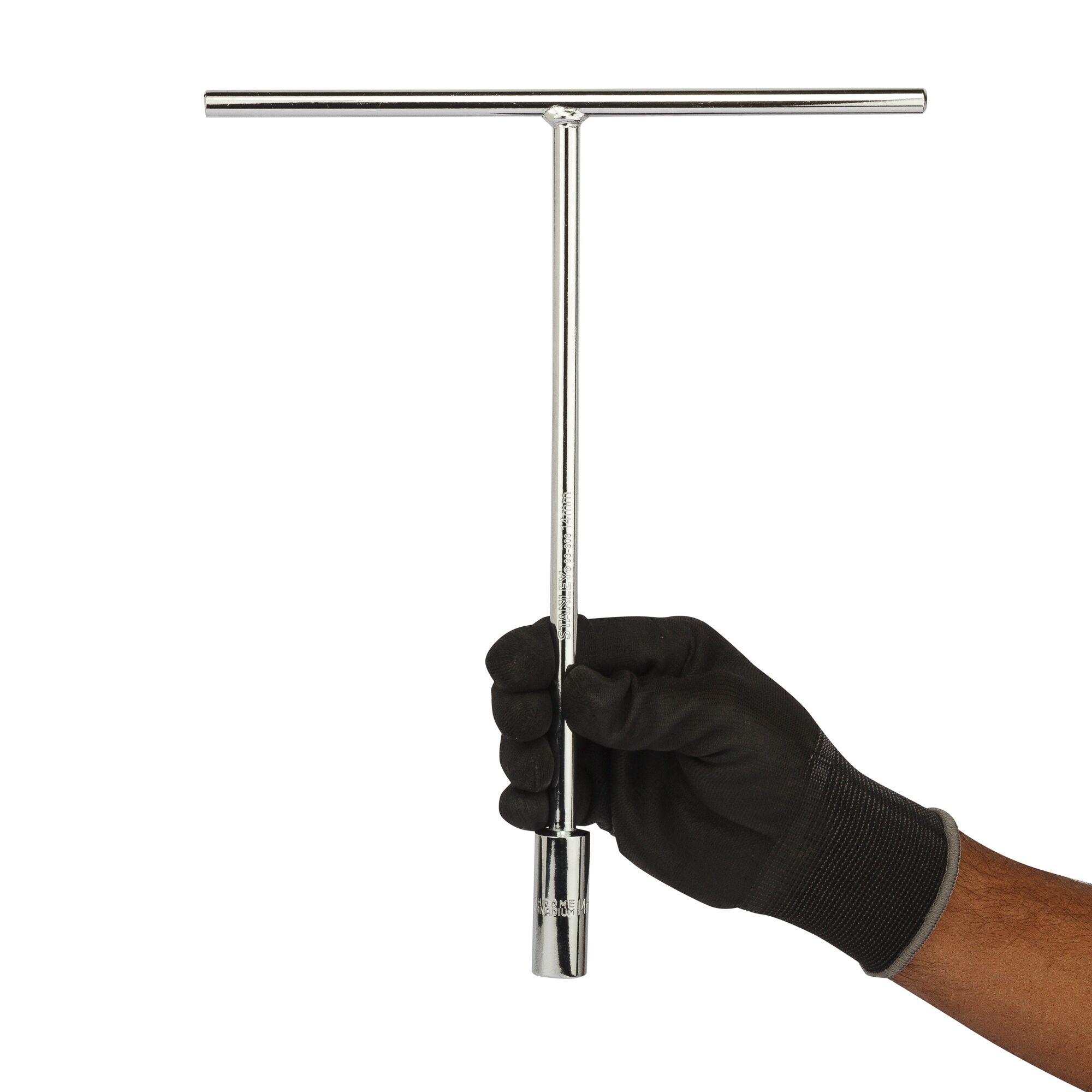 STANLEY STMT93308-8 T-handle socket wrench held by gloved hand, chrome finish, front angle.