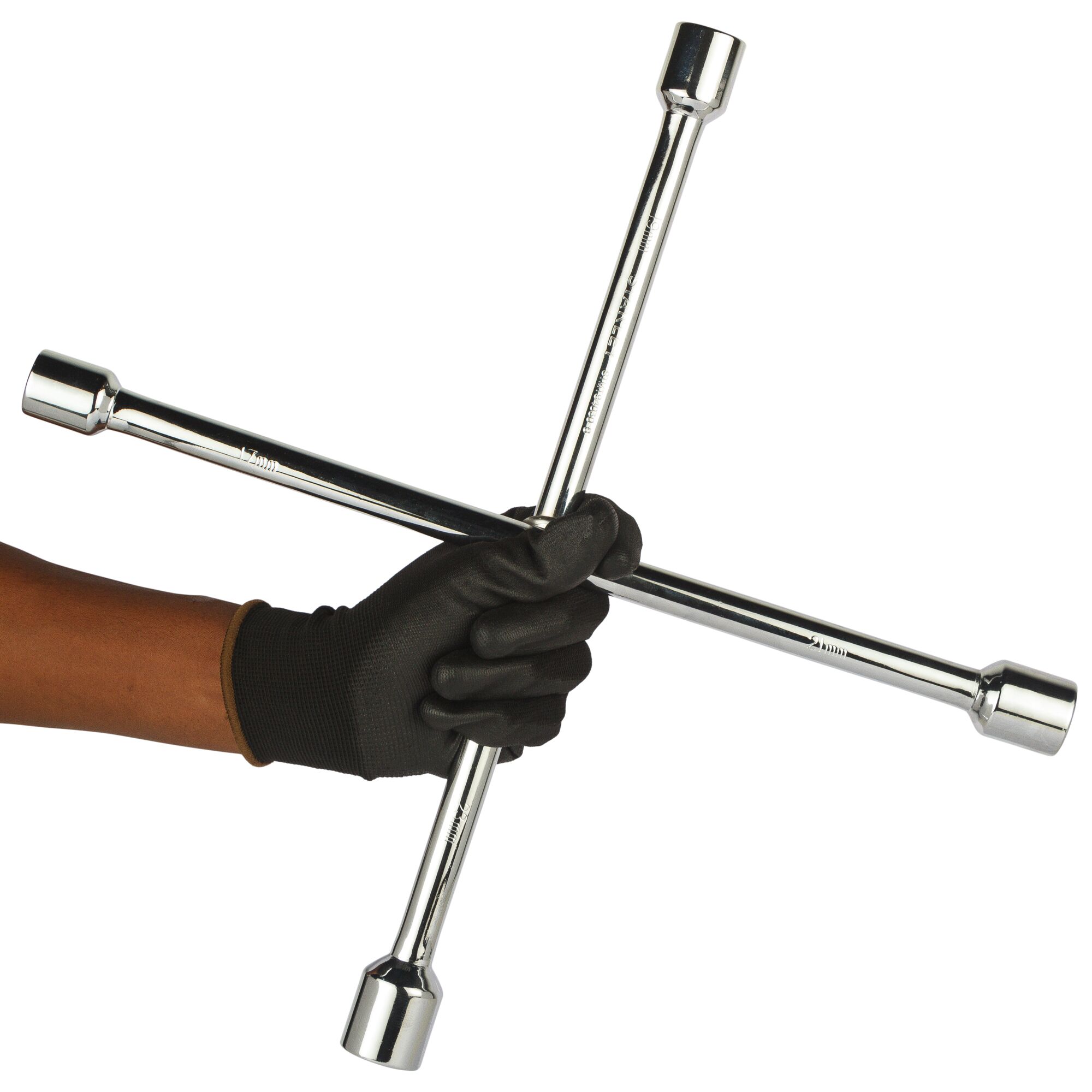 STANLEY STMT94030-8 chrome cross wrench held by gloved hand, front angle, automotive tool.