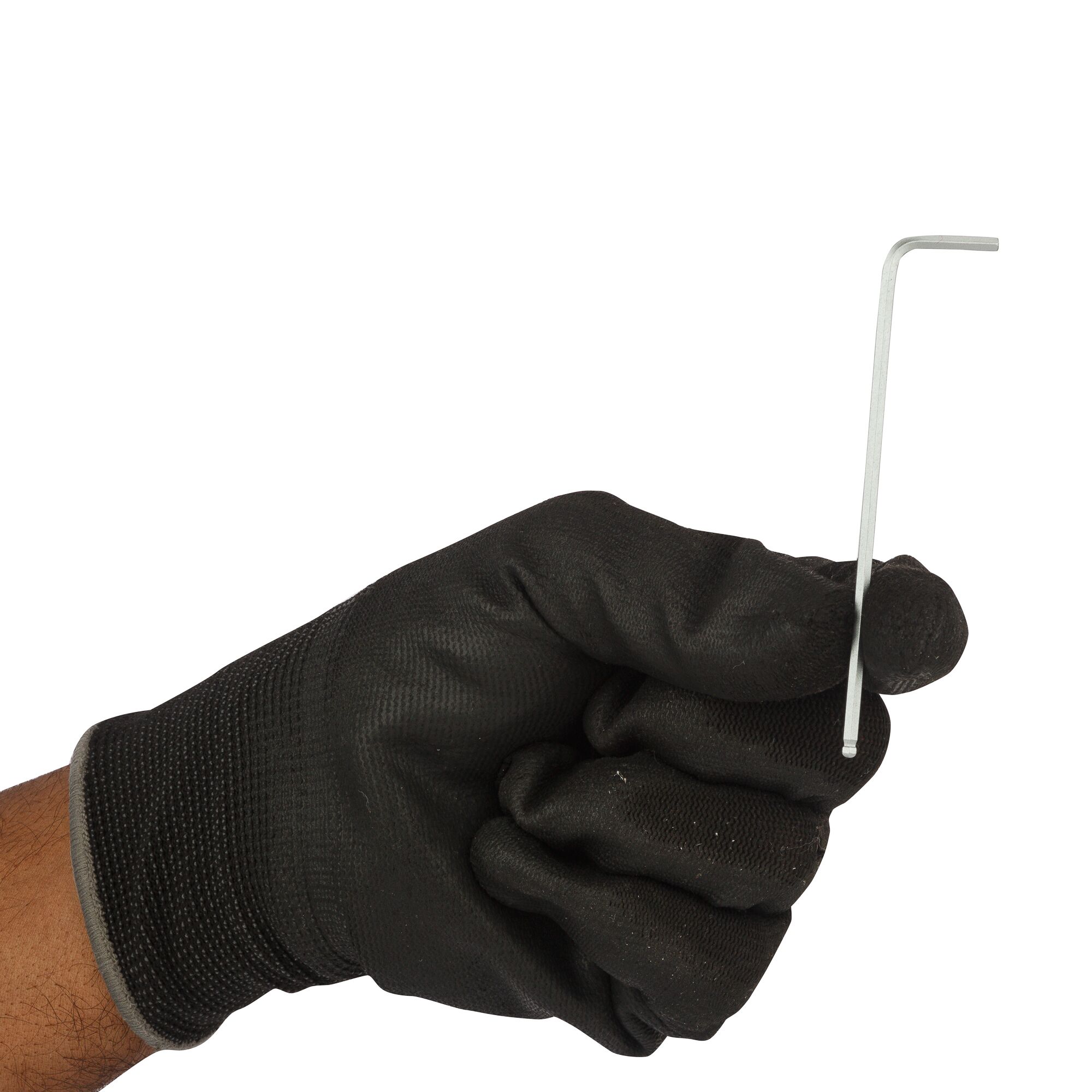 STANLEY STMT94101-8 hex key held in gloved hand, side angle, tool photography on white background.