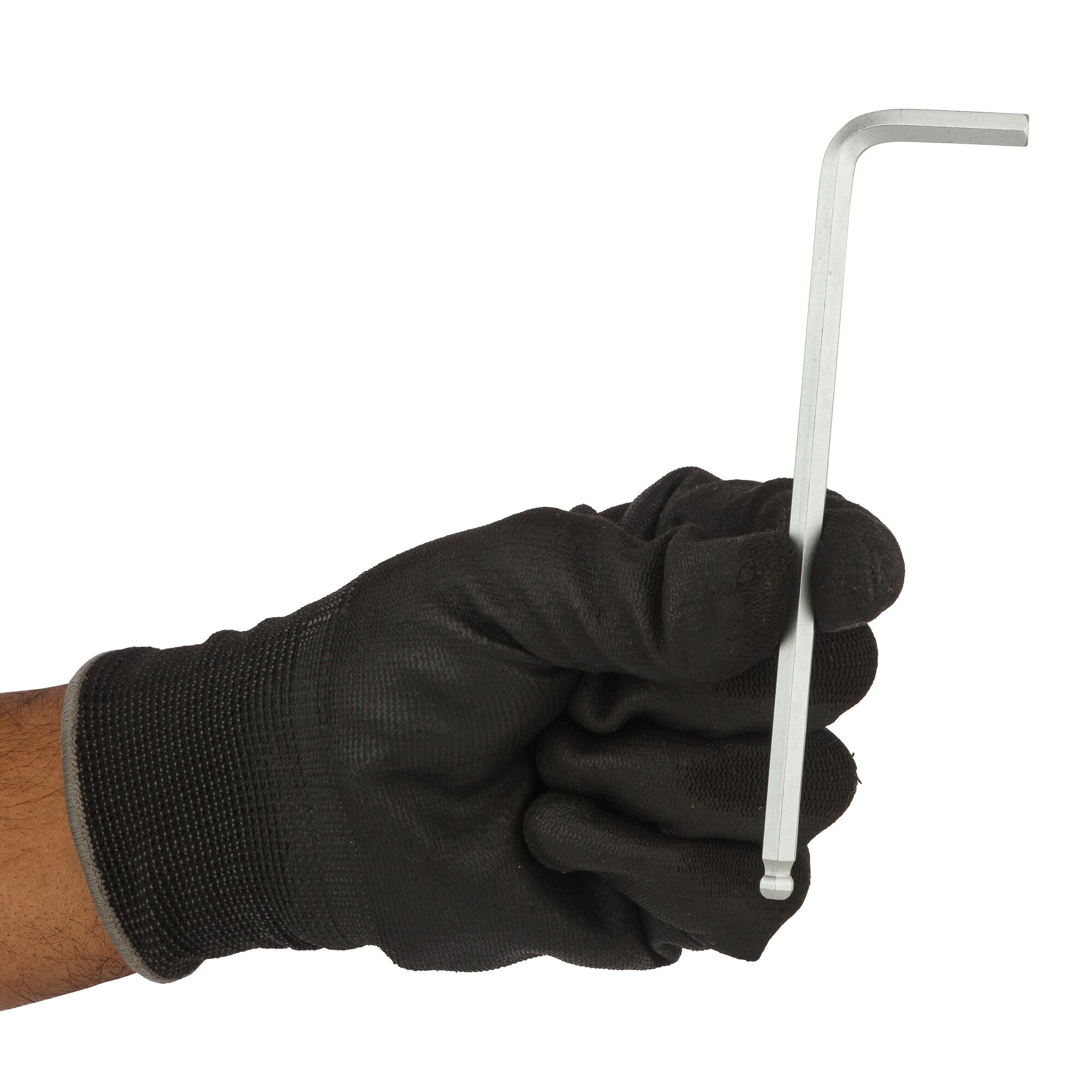 STANLEY STMT94106-8 L-shaped hex key held in a gloved hand, front angle, on white background