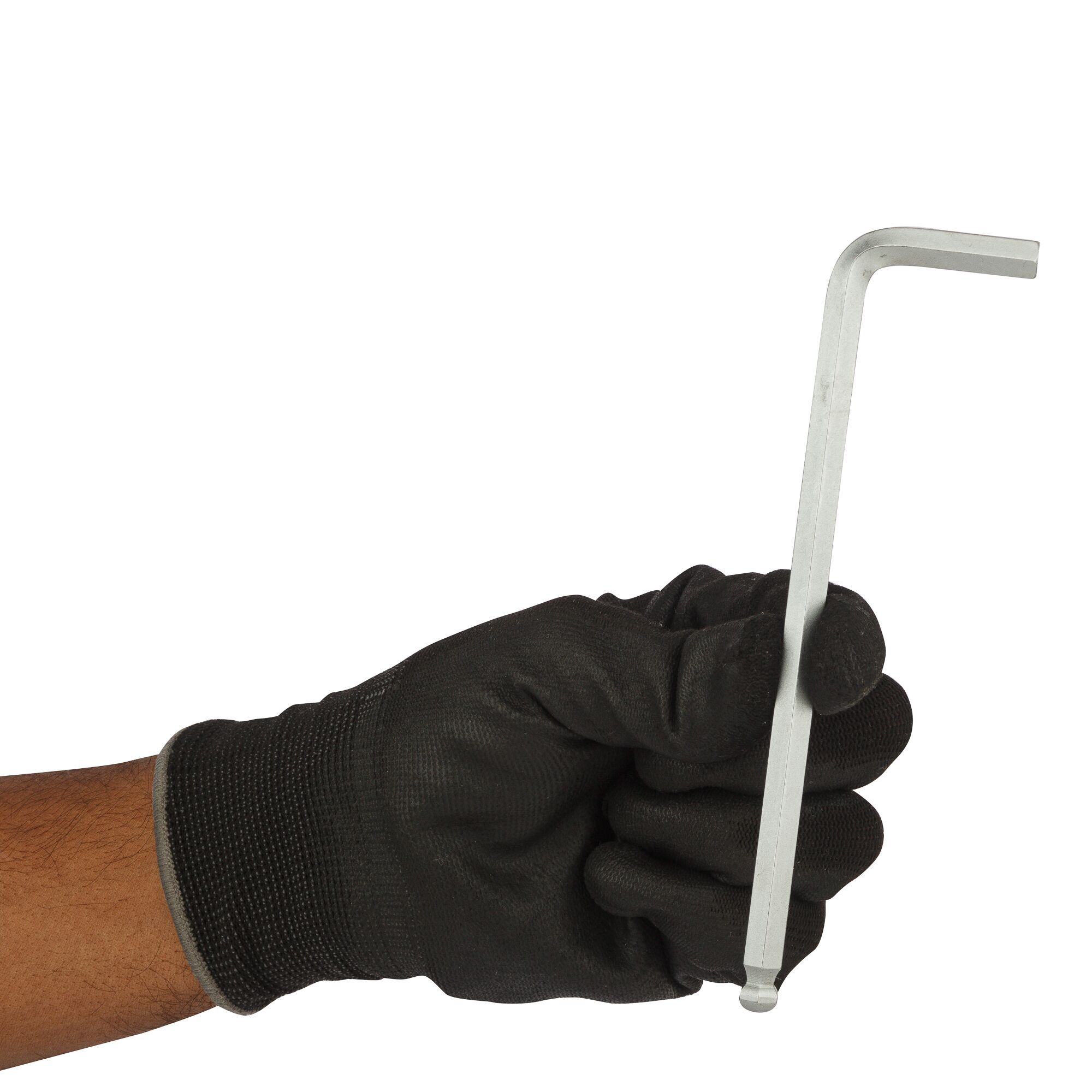 STANLEY STMT94108-8 hex key held in a gloved hand, side angle, silver finish, tool photography