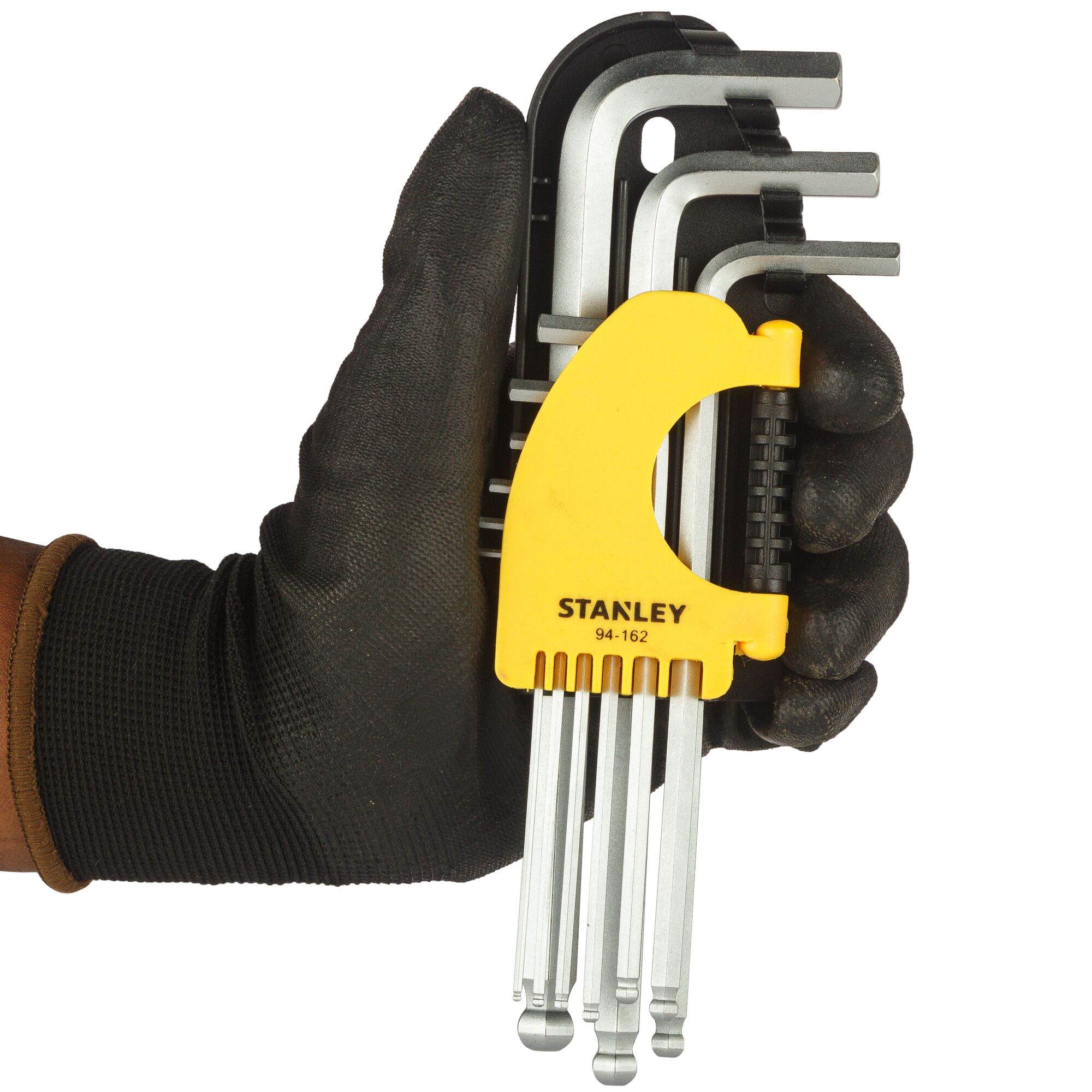 STANLEY STMT94162-8 hex key set with yellow holder, handheld, product photography.