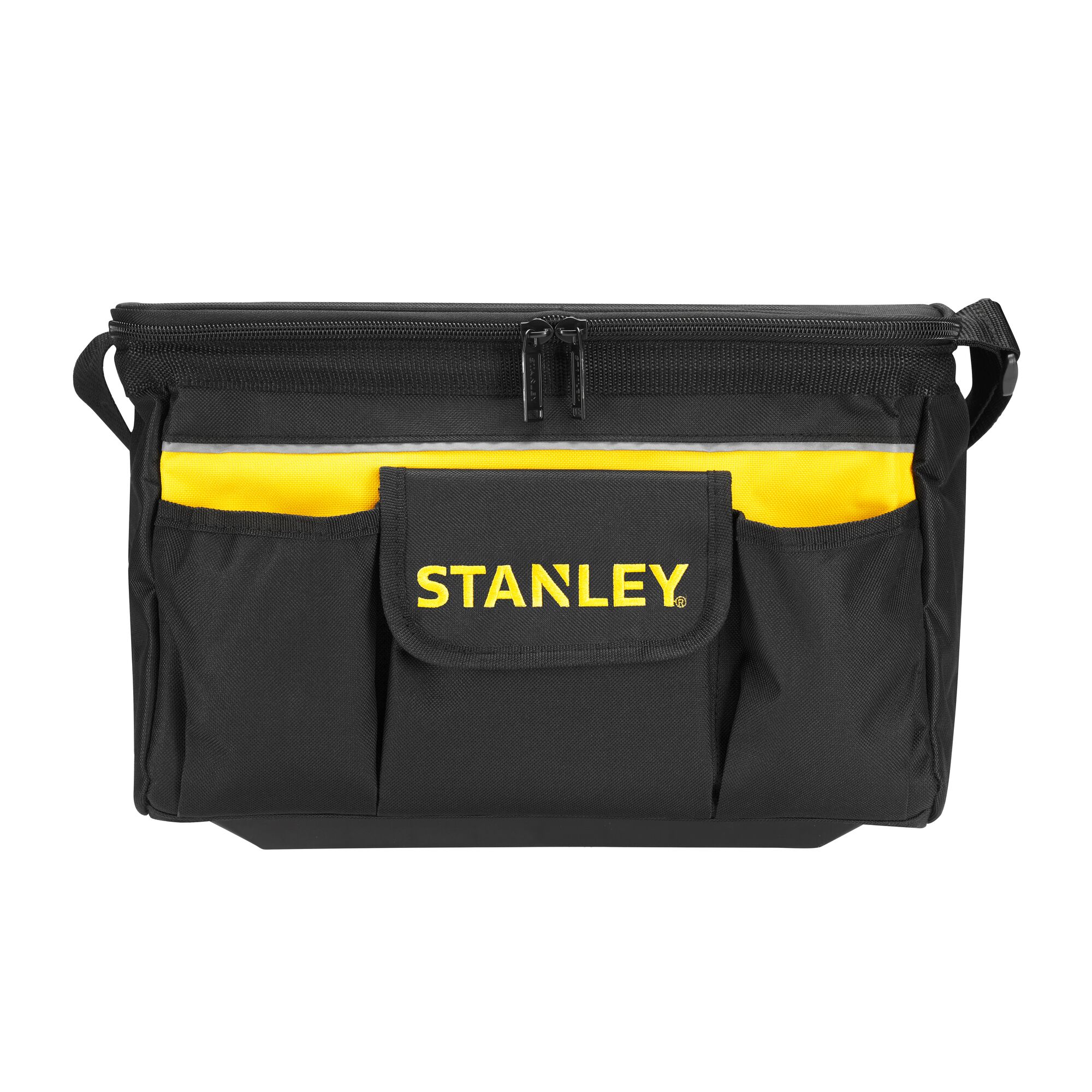 STANLEY STST1-73615 black and yellow tool bag, front view, with zippered top and multiple exterior pockets.