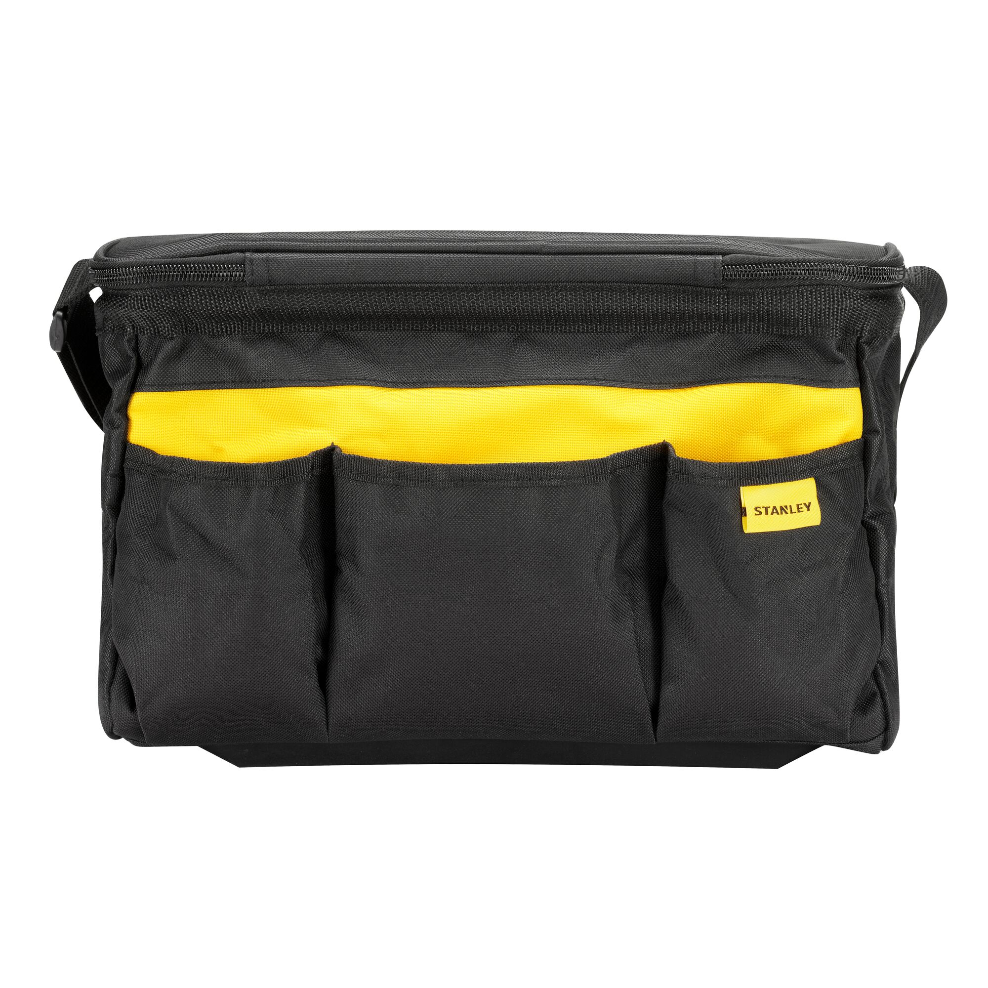 STANLEY STST1-73615 tool bag, photography with front view, black fabric with yellow accent and multiple pockets.
