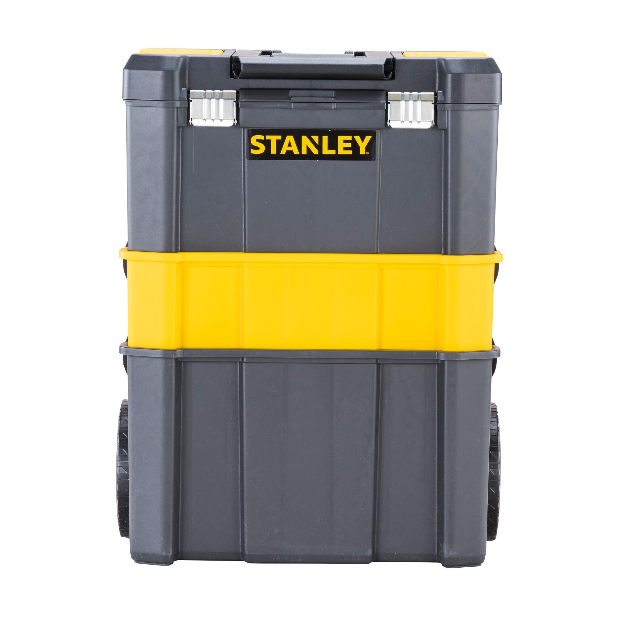 Stanley rolling tool box with yellow and black compartments, large wheels, and a sturdy handle.