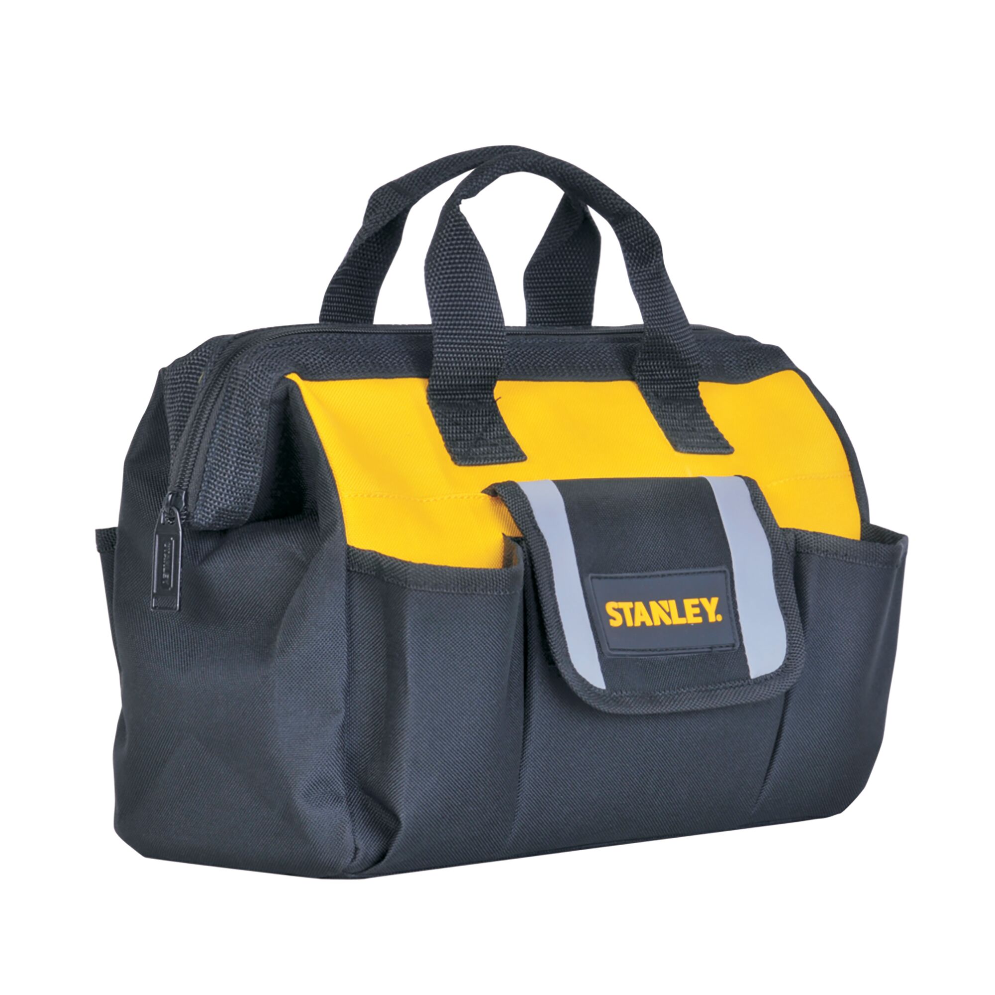 STANLEY STST512114 tool bag, black and yellow, front angle, with handles and exterior pocket.