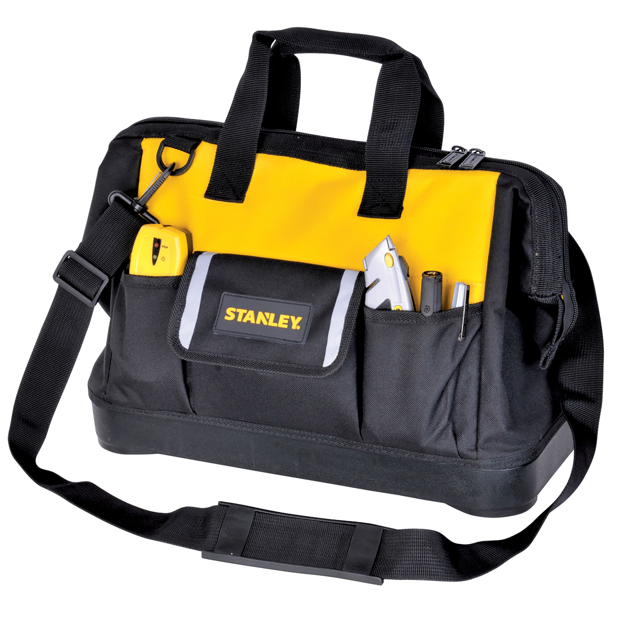STANLEY STST516126 tool bag with shoulder strap, front angle, black and yellow, with tools in exterior pockets.