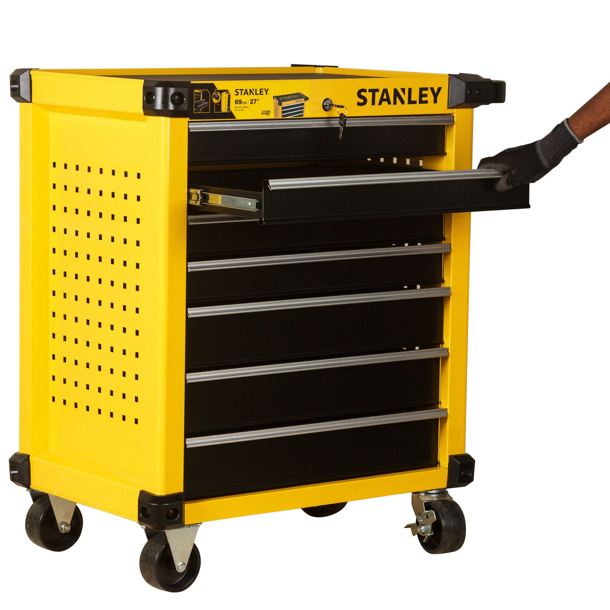 Stanley STST74306-8 rolling tool cabinet, yellow and black, front angle with open drawer.
