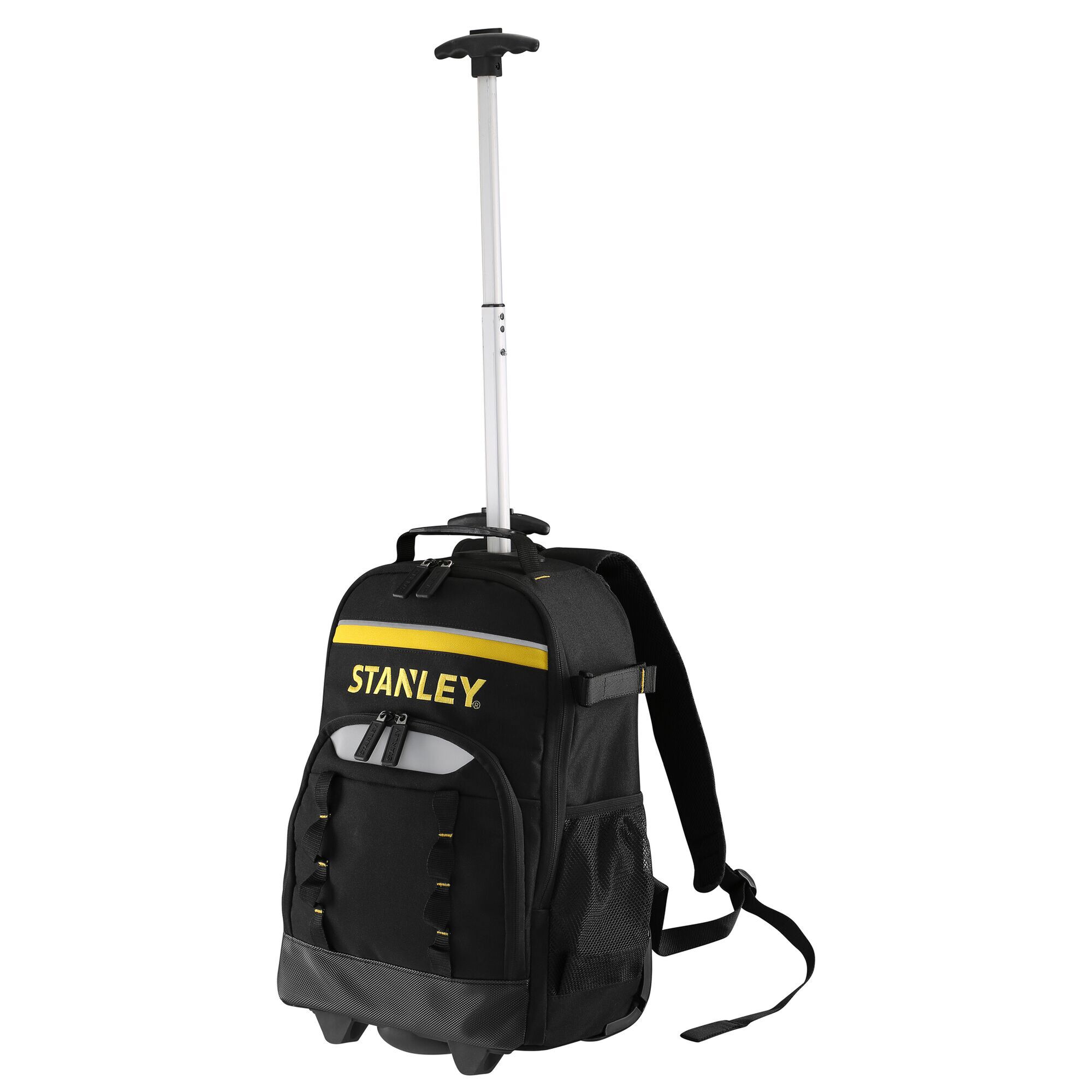 STANLEY STST83307-1 black rolling backpack with telescopic handle, front and side pockets, studio angle.