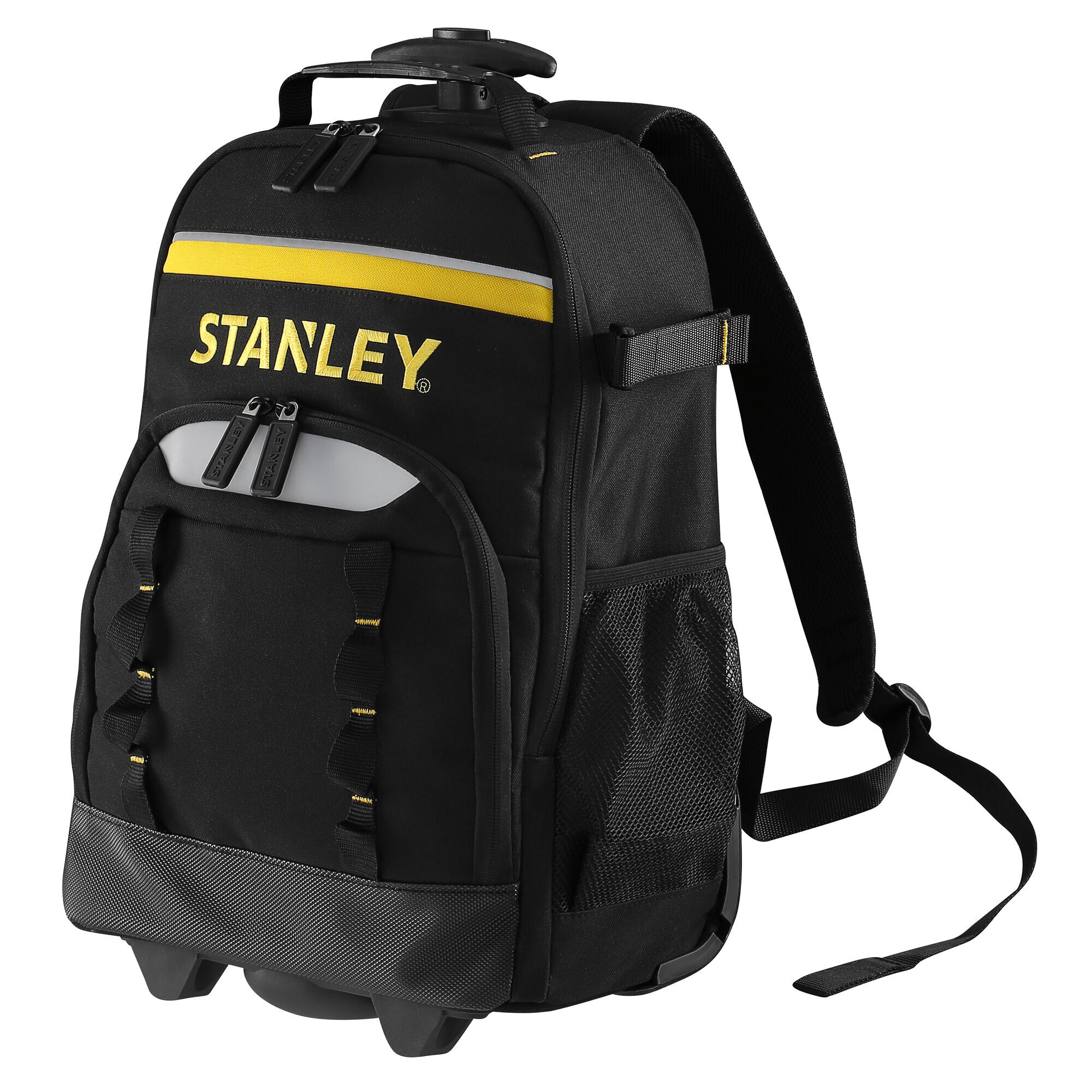 STANLEY STST83307-1 black rolling backpack with yellow accents, front view, tool storage category