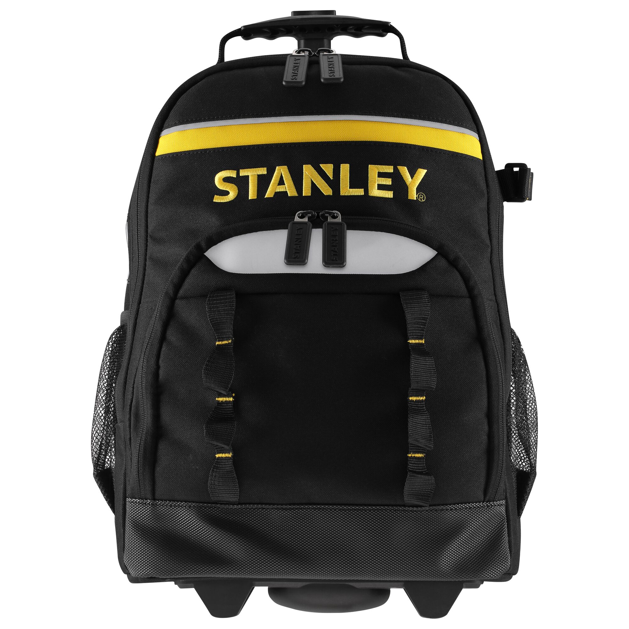 Photo of STANLEY STST83307-1 black rolling backpack with yellow accents, front angle.
