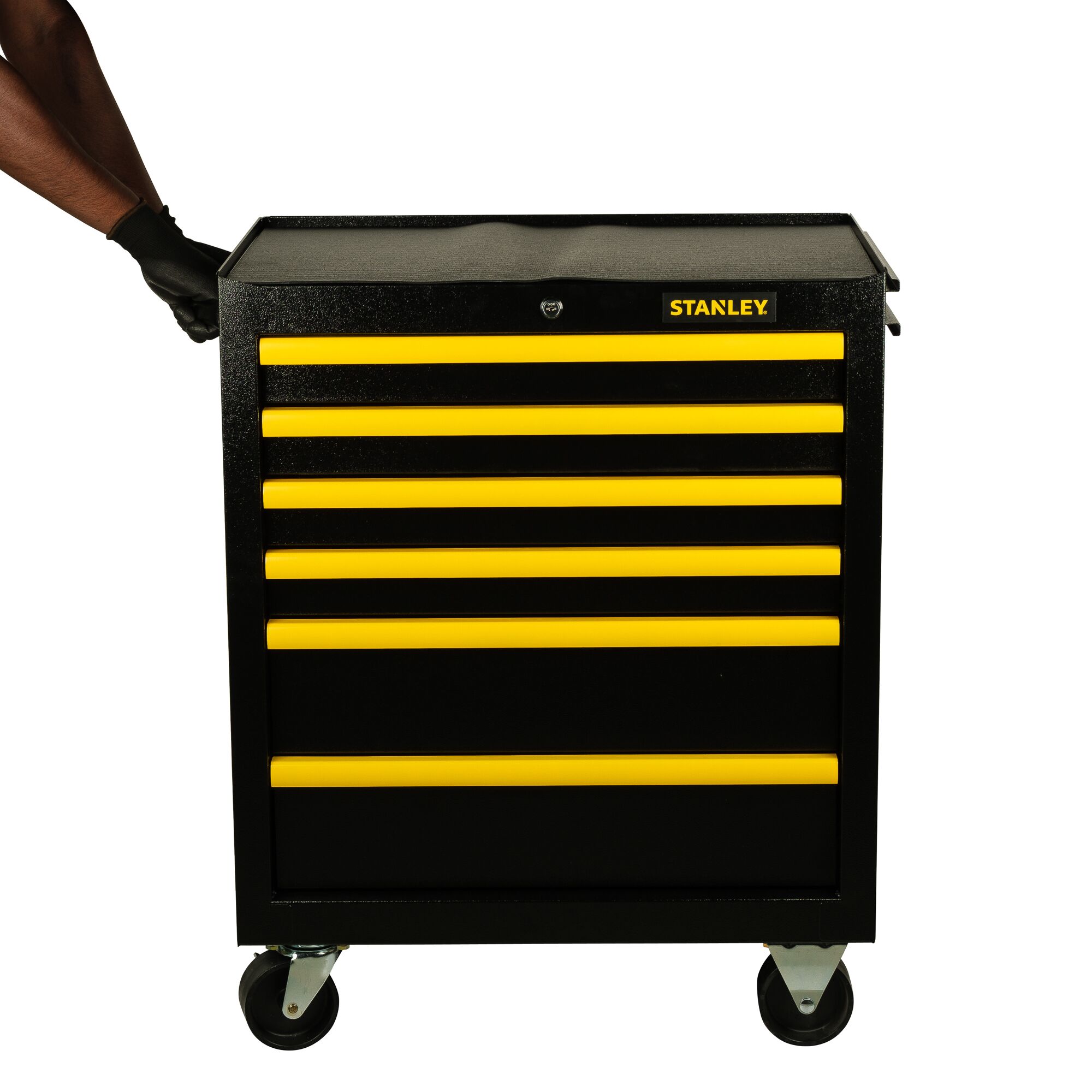 STANLEY STST98182-1 black and yellow rolling tool chest, front view, six drawers, photography.
